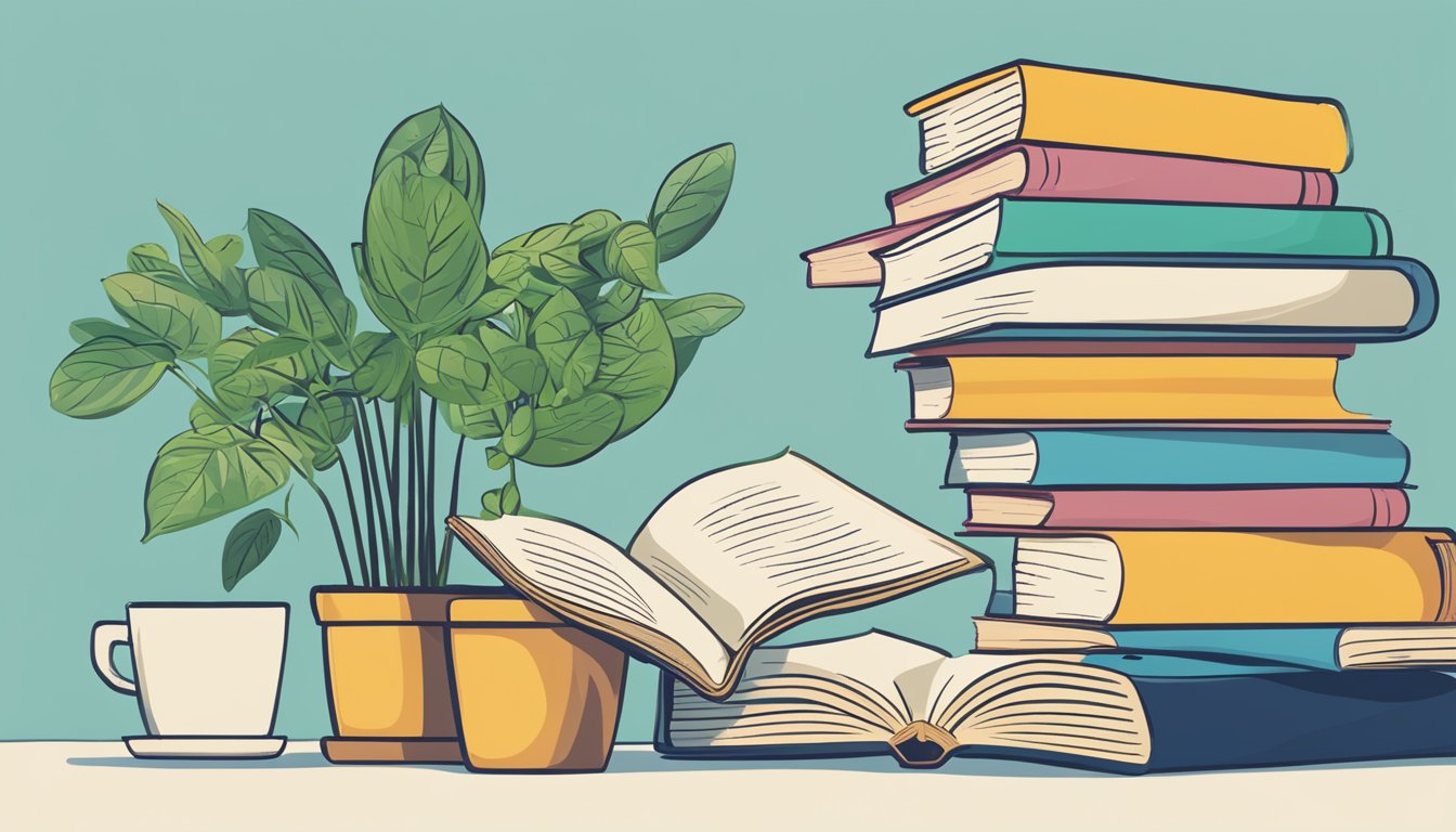 A person reading a book titled “Strategies for Continuous Learning The
Power of Habit: Building a Lifetime of Continuous Learning and Growth”
with a stack of books and a plant
nearby