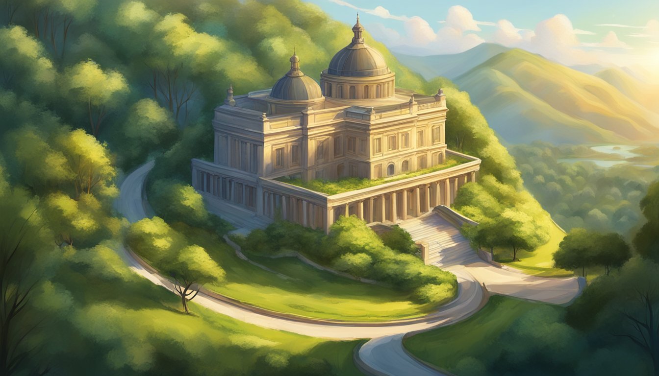 A winding road leads to a towering library, surrounded by lush
greenery. The sun casts a warm glow on the building, inviting discovery
and
growth