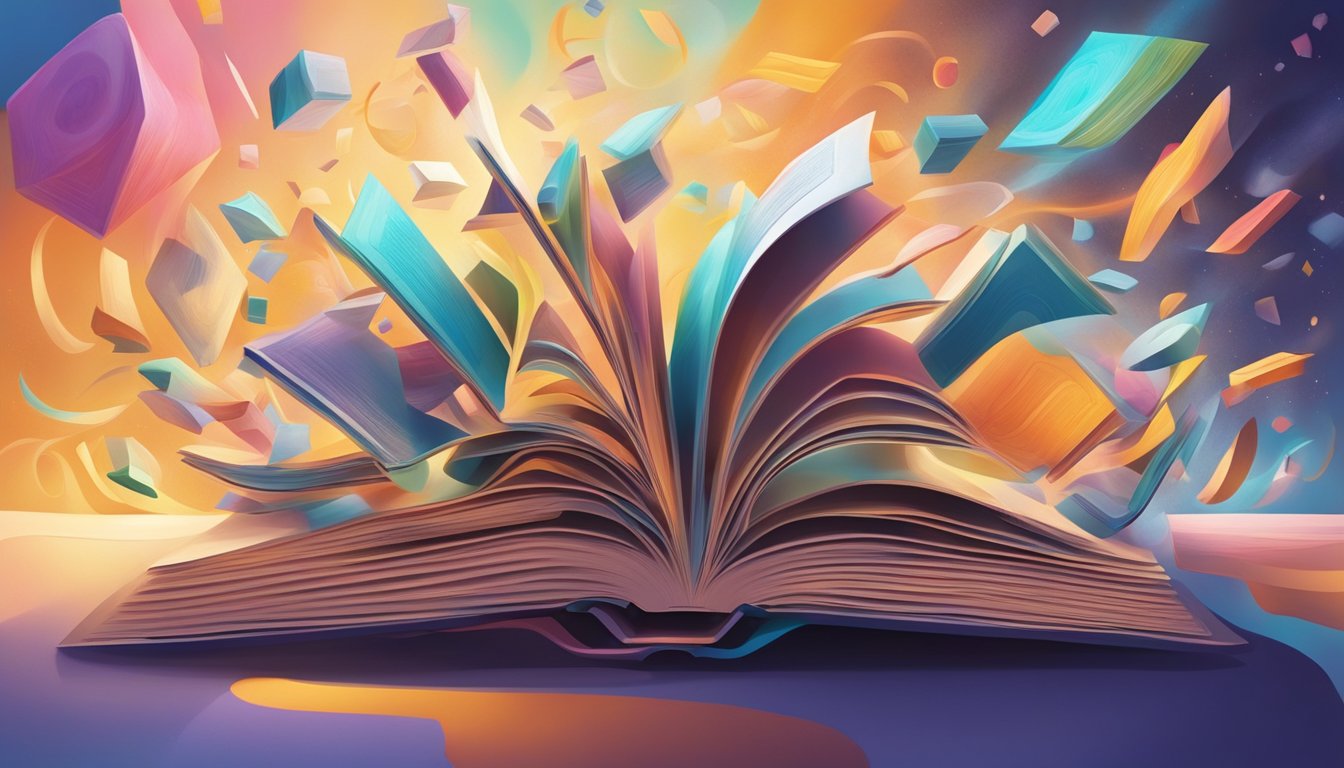 A colorful book open, emitting light and swirling around a group of
diverse, abstract shapes, each showing signs of curiosity and
wonder