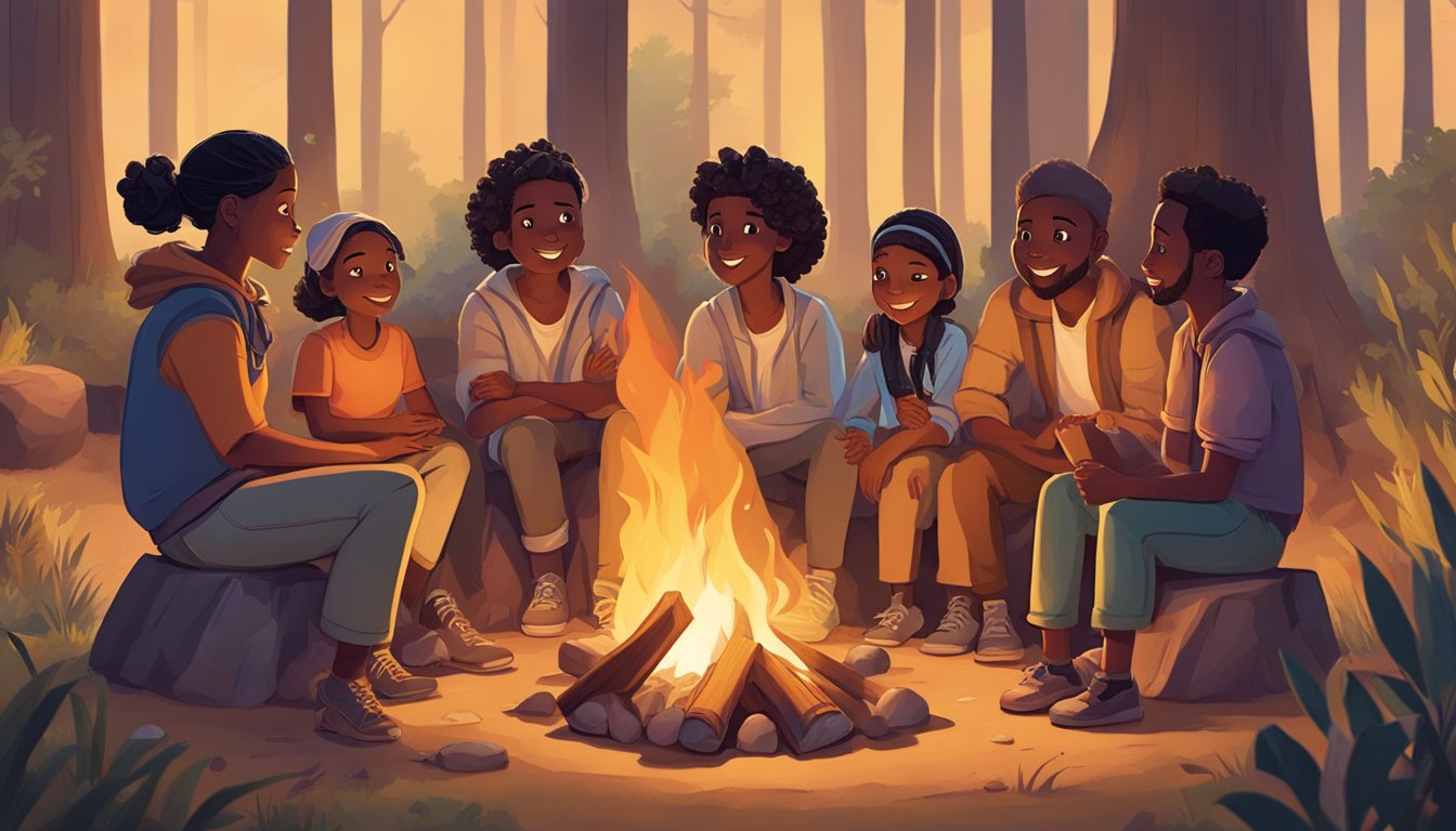 A group of diverse characters sit around a campfire, captivated by a
storyteller weaving tales that ignite their imagination and curiosity.
The flickering flames cast a warm glow on their eager faces, as the
power of storytelling comes to
life