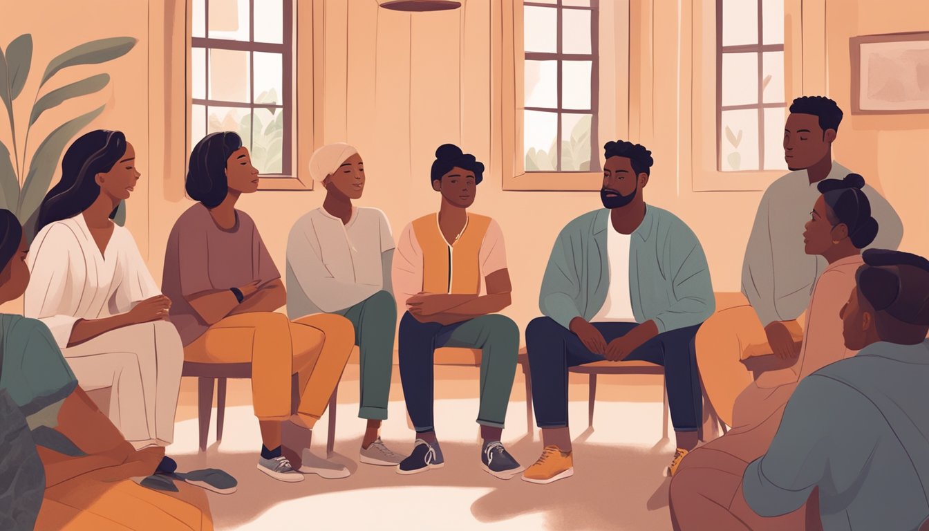 A group of diverse individuals sit in a circle, captivated by a
storyteller. Their faces reflect a range of emotions, from curiosity to
empathy, as they listen intently to the narrative being shared. The
setting is warm and inviting, with
soft