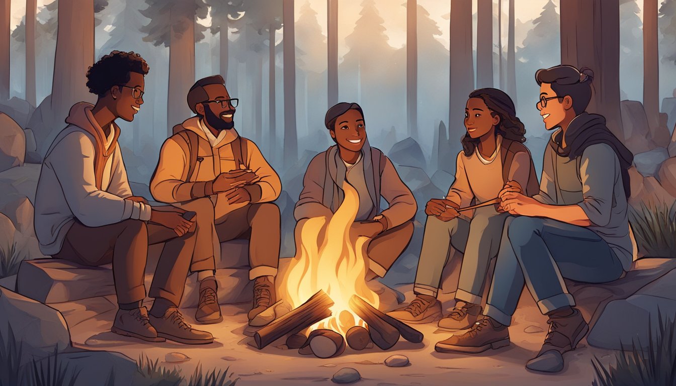 A group of diverse individuals gathered around a campfire, captivated
by a storyteller weaving a tale with animated gestures and expressions.
The fire crackles and casts a warm glow, drawing the audience
in