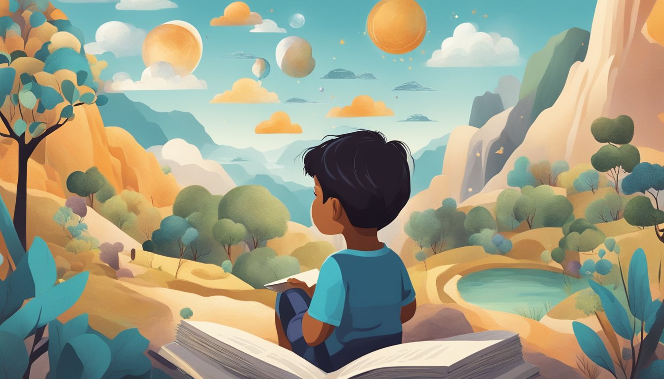 A child engrossed in a book, surrounded by diverse cultural symbols
and landscapes, with thought bubbles showing
emotions