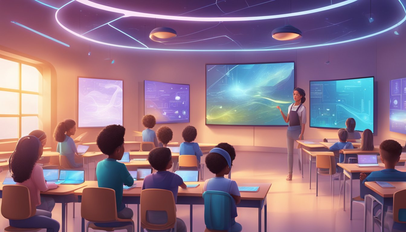 A futuristic classroom with holographic storytelling displays and
interactive technology, engaging students’ minds and hearts in
learning
