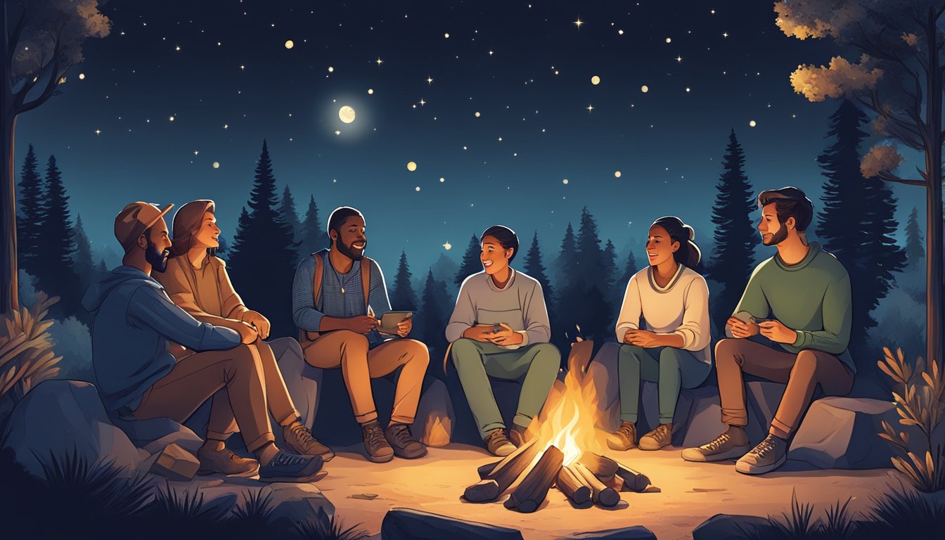 A group of diverse individuals gather around a flickering campfire,
captivated by the animated gestures of a storyteller. The night sky
twinkles above, adding to the enchanting
atmosphere