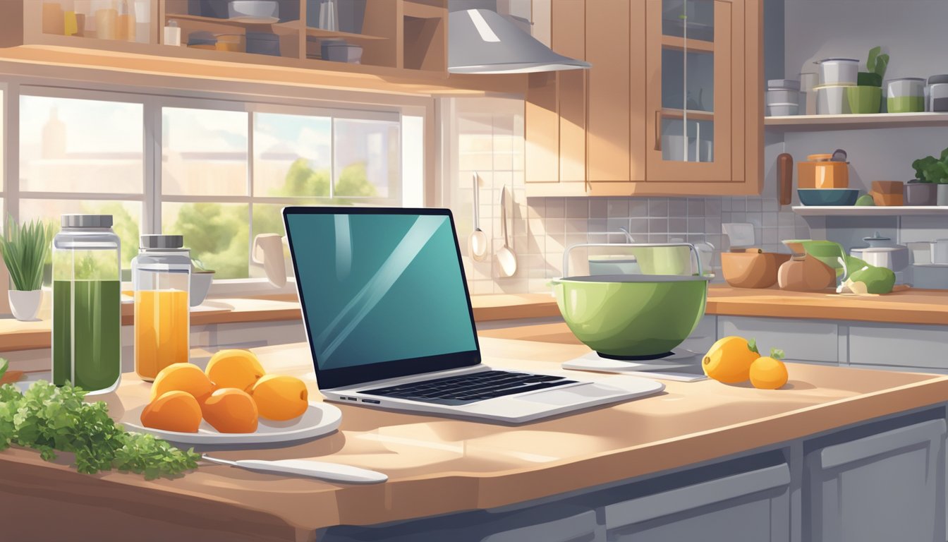 A modern kitchen with a laptop open to an online cooking class.
Ingredients and utensils neatly arranged on the counter. Bright natural
light streaming in from the
window