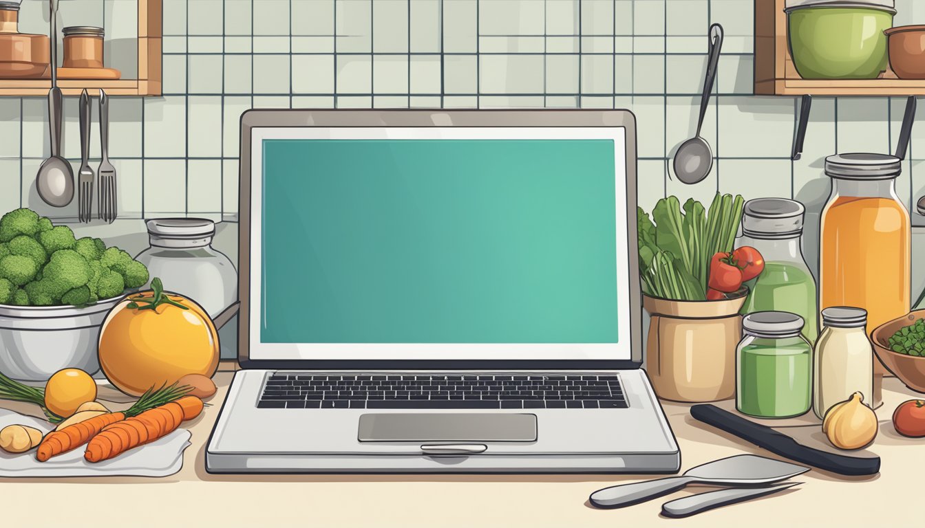 A laptop displaying a variety of online cooking class options.
Ingredients and kitchen utensils laid out on a countertop. A chef’s hat
and apron hanging on a
hook