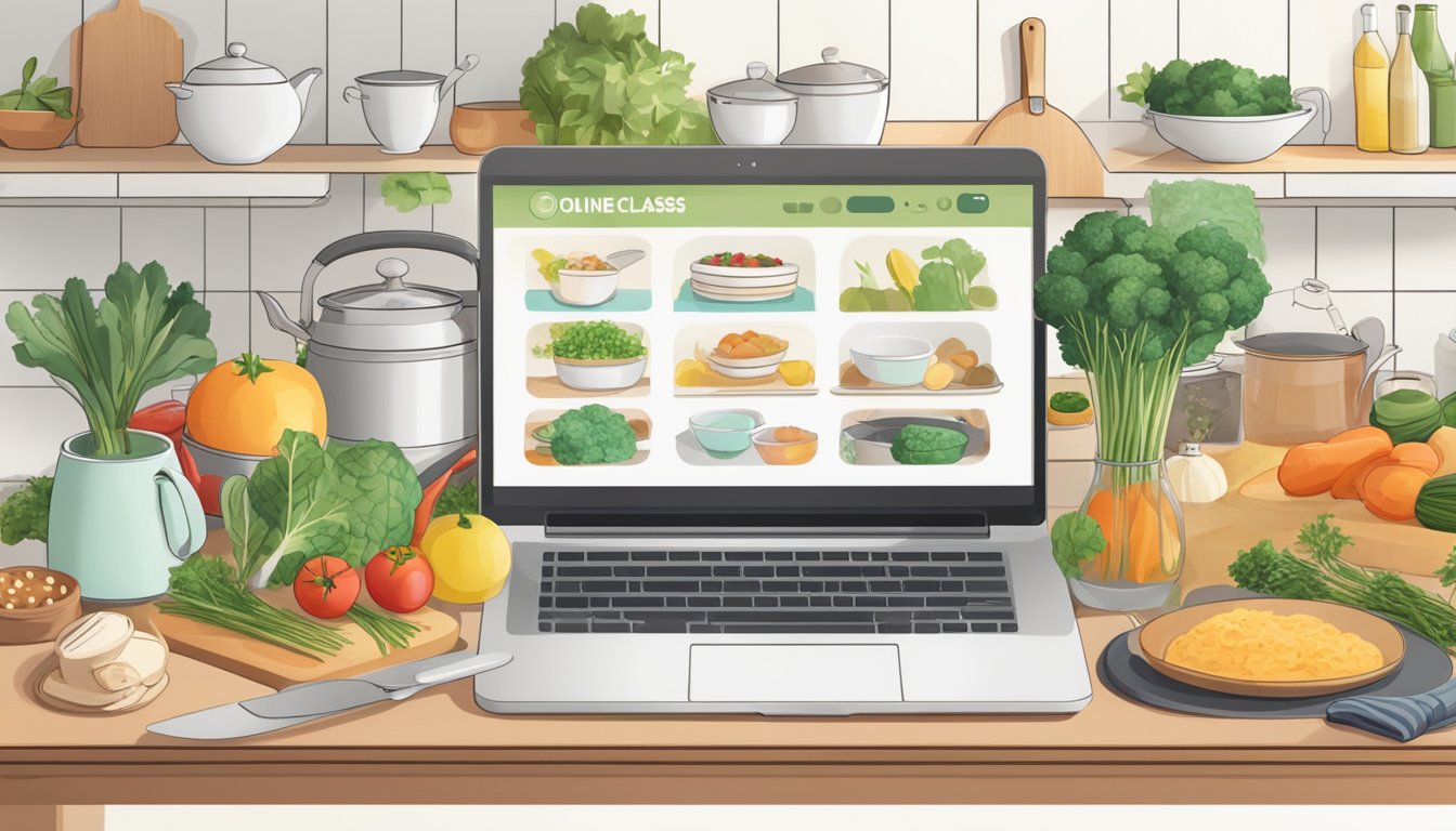 A laptop displaying a variety of online cooking class options,
surrounded by fresh ingredients, utensils, and a cozy kitchen
setting
