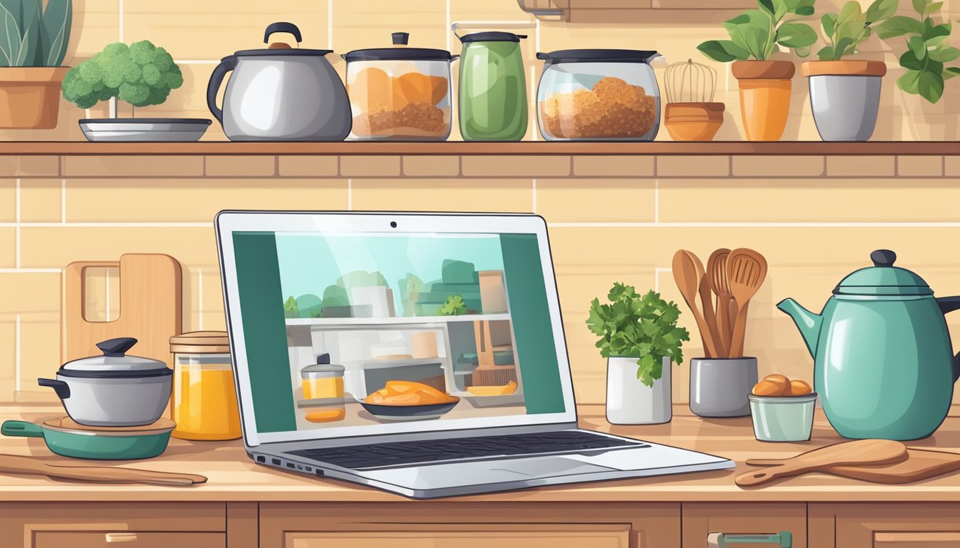 A bright, organized kitchen with cooking utensils and ingredients laid
out. A laptop or tablet displaying an online cooking class. A cozy,
inviting
atmosphere
