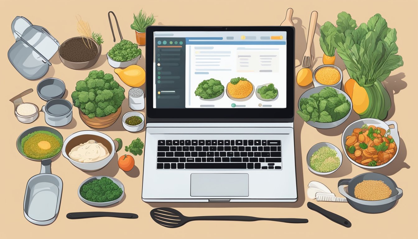 A laptop displaying a live cooking class, surrounded by various
ingredients and cooking utensils. A virtual community chat is active,
with participants sharing tips and asking
questions