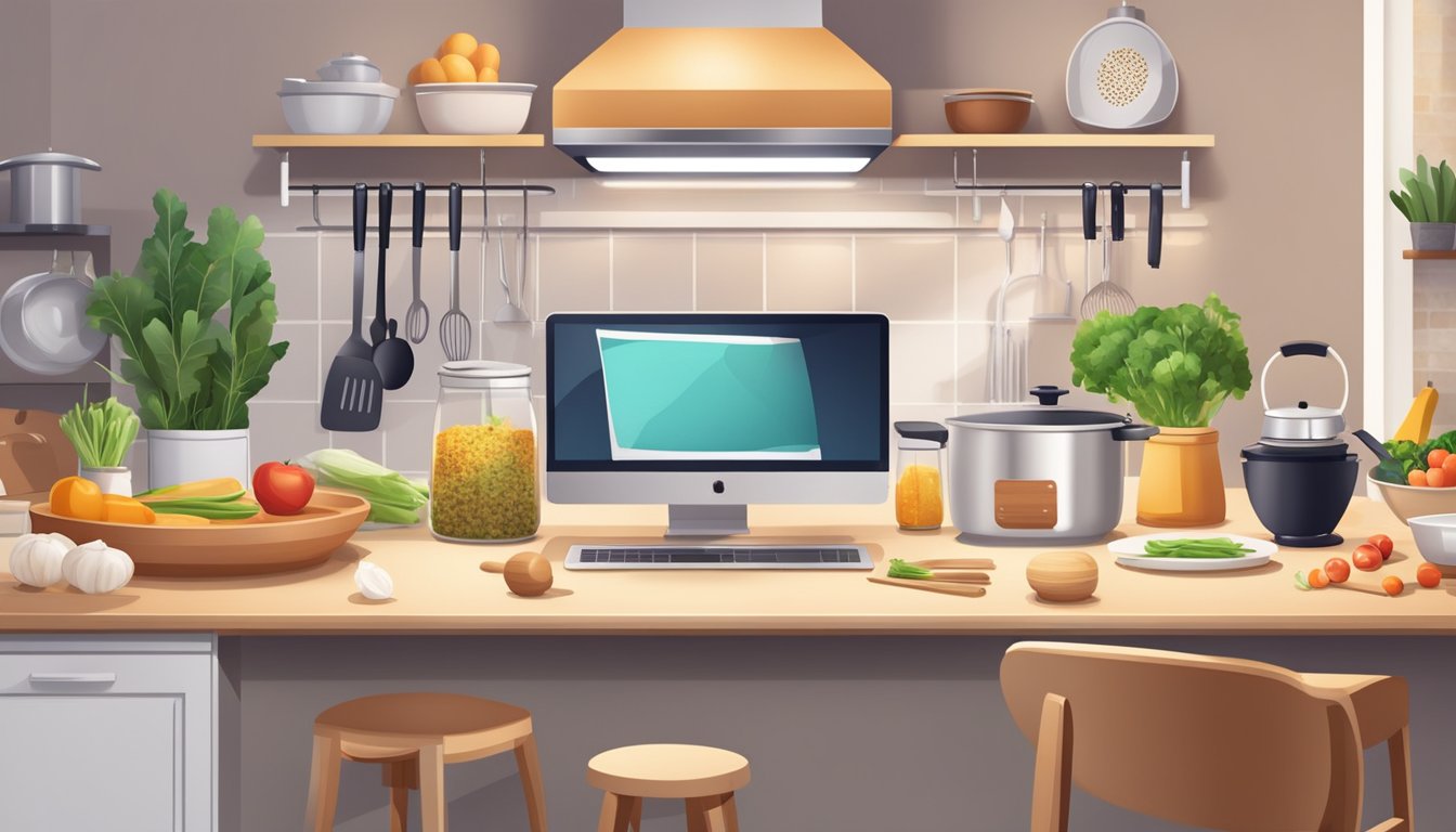 An online cooking class scene with various kitchen tools, ingredients,
and a computer displaying a cooking tutorial. Bright lighting and a
clean, organized
workspace