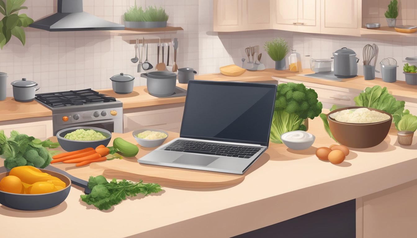 A laptop displaying an online cooking class with a chef demonstrating
culinary skills. Ingredients and kitchen utensils are neatly arranged on
the
counter