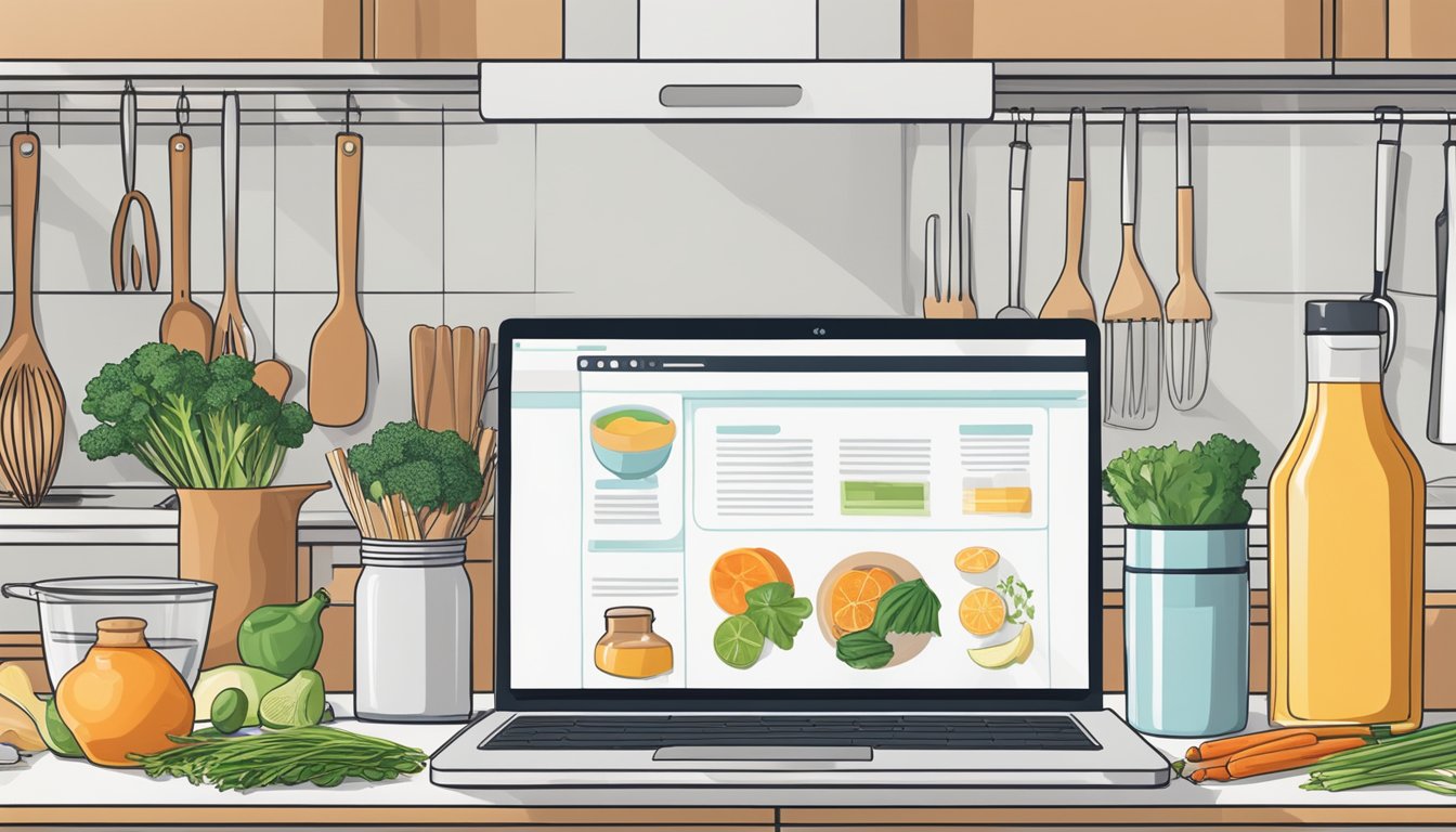 A kitchen counter with a laptop displaying an online cooking class.
Ingredients and utensils neatly arranged, ready for use. A cookbook open
to a
recipe