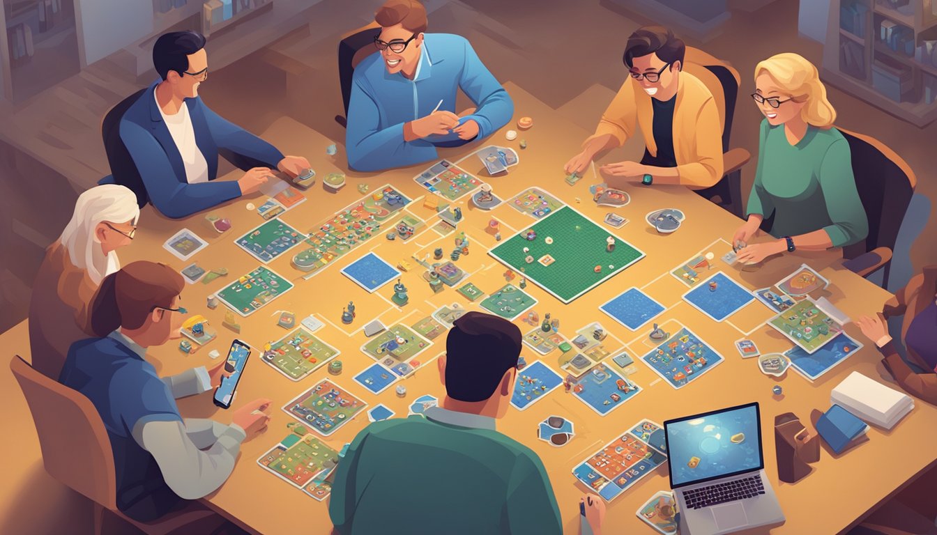 A group of adults engage in a lively discussion while playing
educational games. A variety of game boards, cards, and digital devices
are scattered across the
table