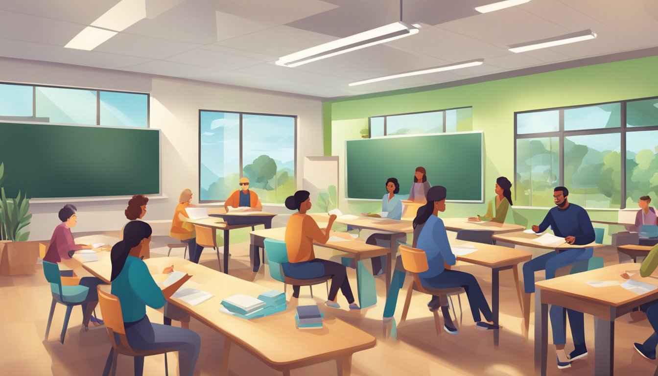 A group of adults engaged in educational games, with a focus on
learning outcomes. The setting is a modern, well-lit classroom or
virtual
environment