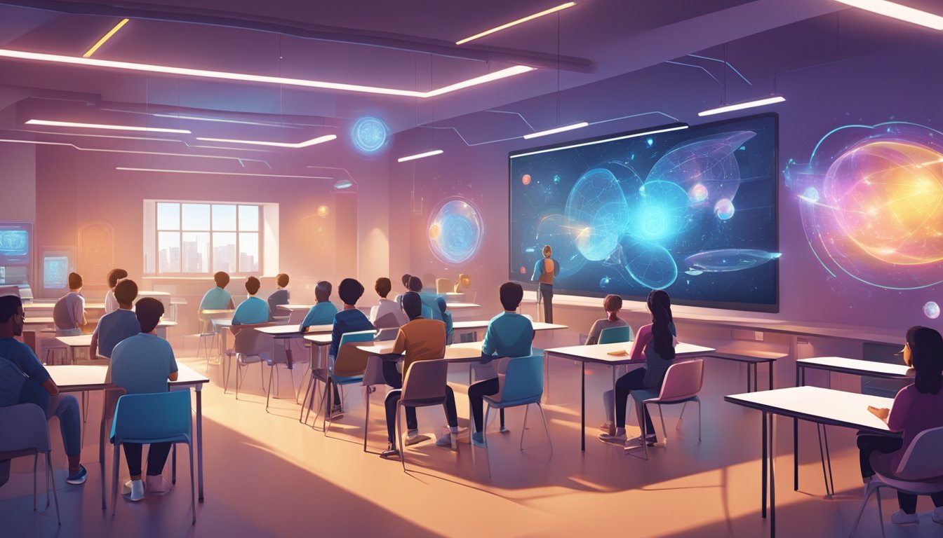 A futuristic classroom with holographic educational games projected on
the walls, engaging adult learners in interactive and immersive learning
experiences