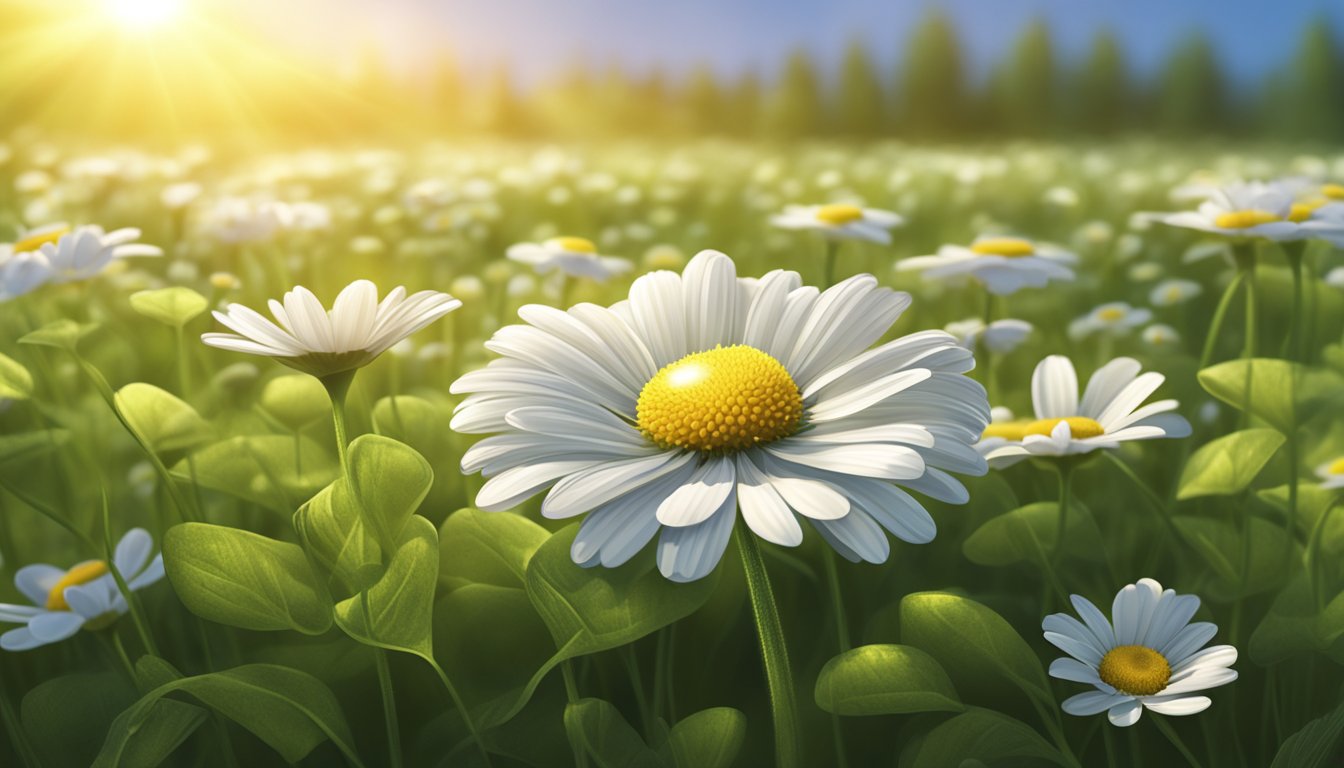 A four-leaf clover nestled among a field of daisies, with a shining
sun casting a warm glow over the
scene