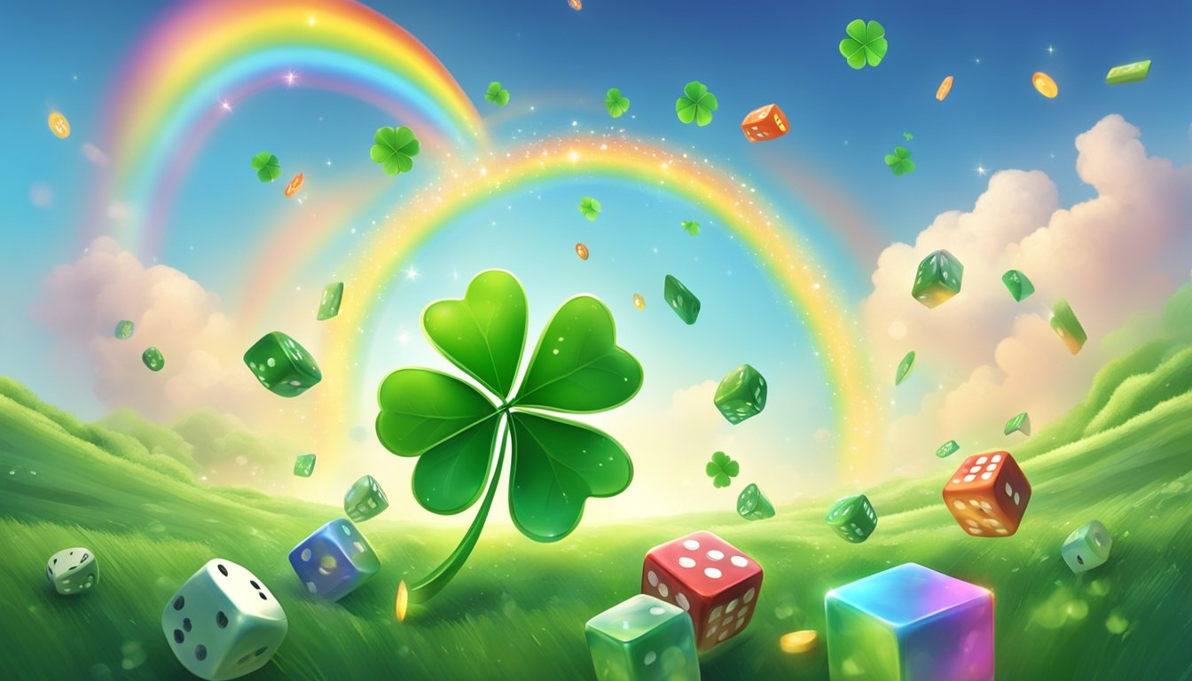 A four-leaf clover surrounded by falling dice and a shining horseshoe,
with a clear sky and a rainbow in the
background