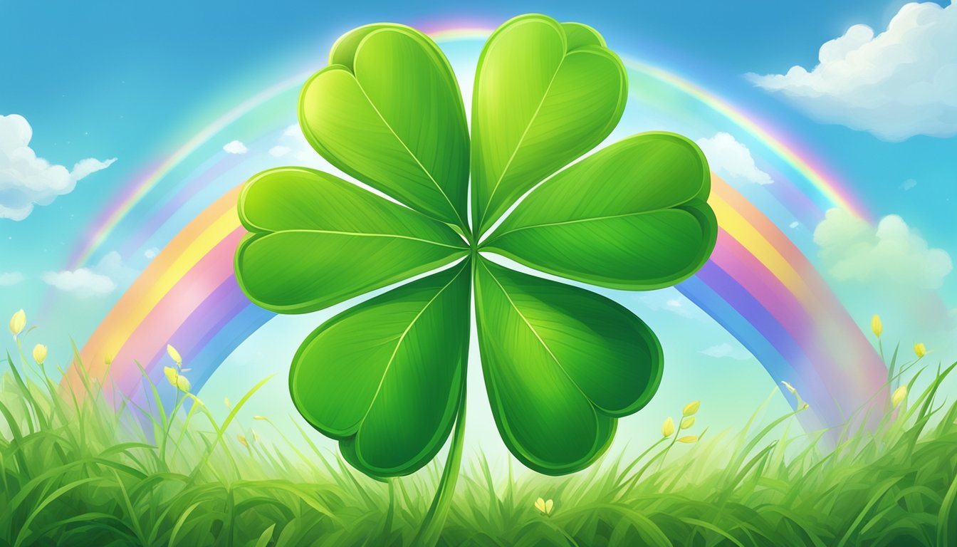 A four-leaf clover nestled among a field of vibrant green grass, with
a clear blue sky and a rainbow in the
background