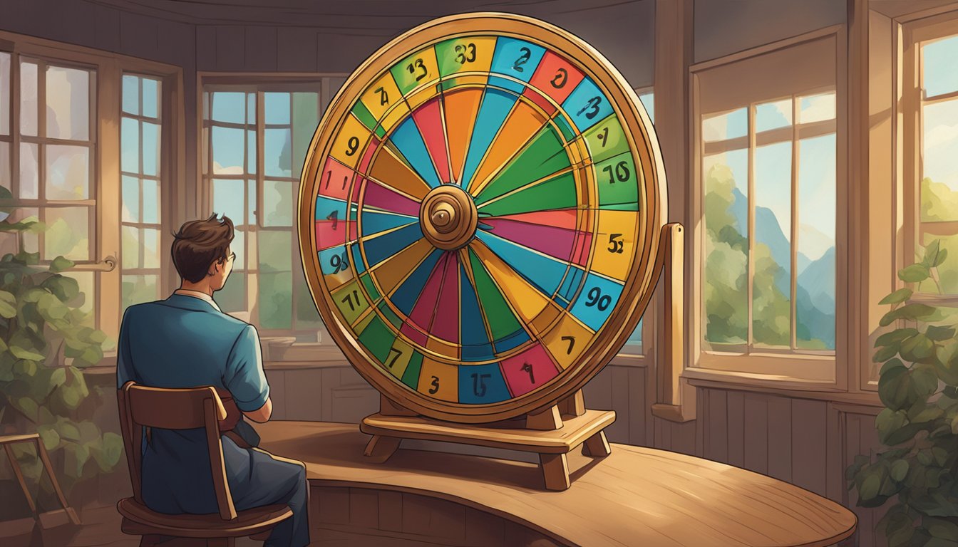 A spinning wheel landing on a lucky number, while a person looks on
with hopeful
anticipation