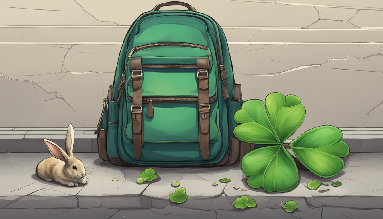 A four-leaf clover sprouting from a cracked sidewalk, a horseshoe
hanging above a door, and a rabbit’s foot keychain dangling from a
backpack