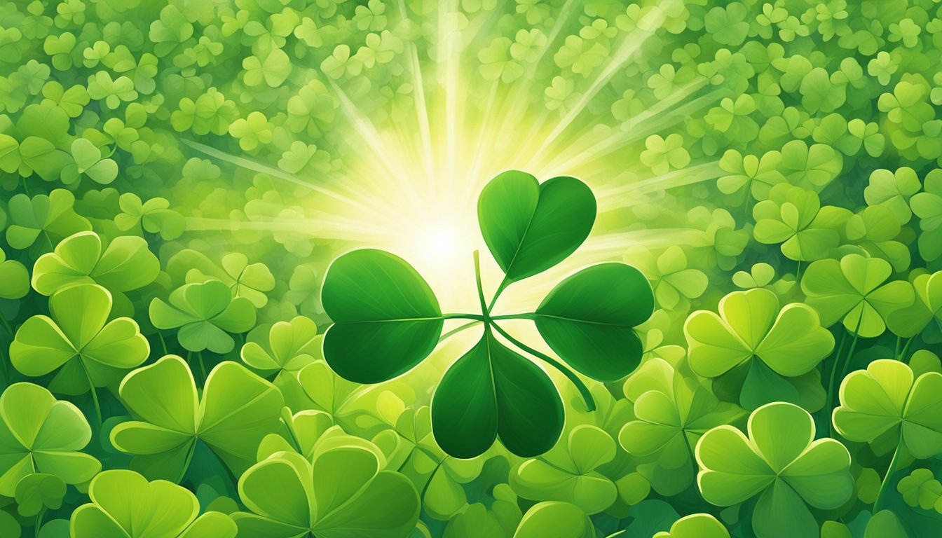 A four-leaf clover nestled among a field of ordinary three-leaf
clovers, with a bright sun shining down on it, symbolizing luck in
various
contexts