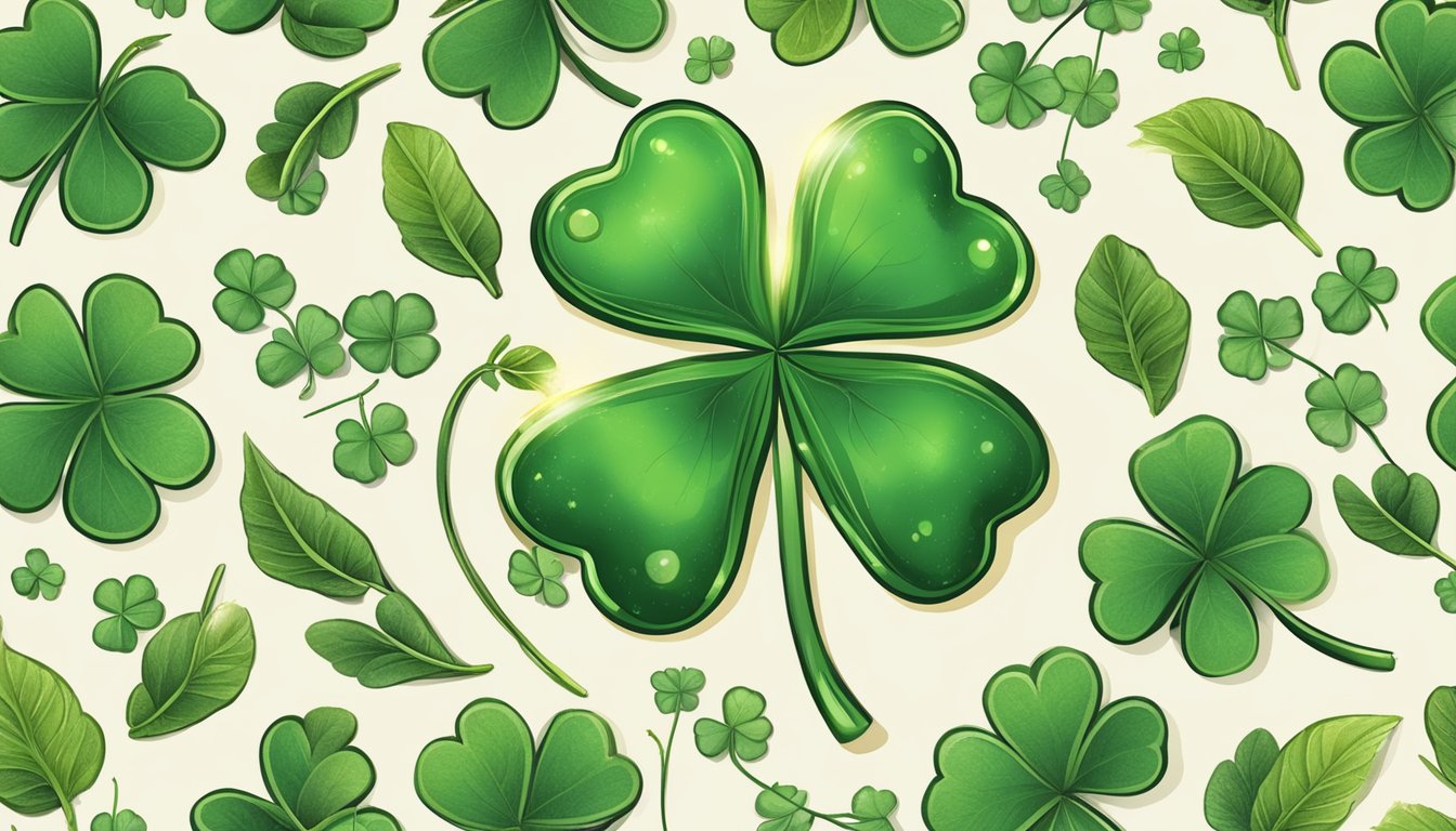 A four-leaf clover surrounded by various symbols of luck, such as
horseshoes, rabbit’s feet, and lucky charms, with a shining spotlight on
the
clover
