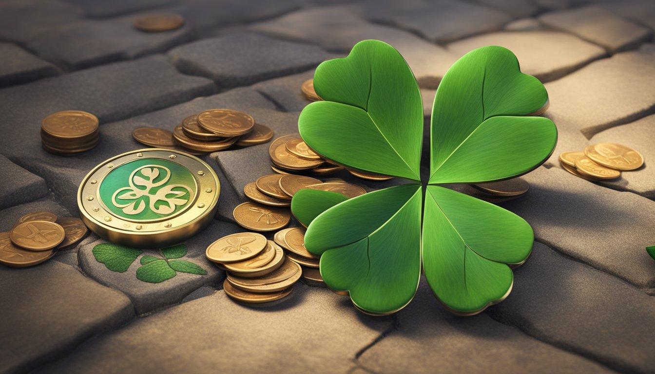 A four-leaf clover rests on a well-worn path, surrounded by symbols of
good fortune - a horseshoe, a shooting star, and a lucky
penny