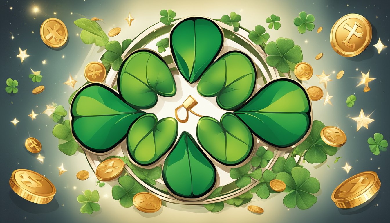 A four-leaf clover surrounded by various symbols of fortune, such as a
horseshoe, a shooting star, and a lucky penny, all arranged in a modern,
urban
setting