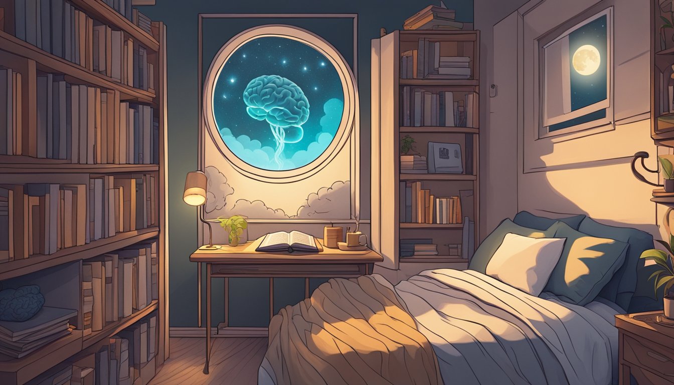 A peaceful bedroom with a book on a nightstand, a glowing moon outside
the window, and a brain with swirling pathways representing memory
retention