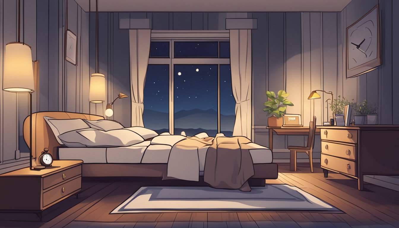 A peaceful bedroom with a cozy bed, a dimly lit lamp, and a book on
the nightstand. A clock shows the time indicating
nighttime