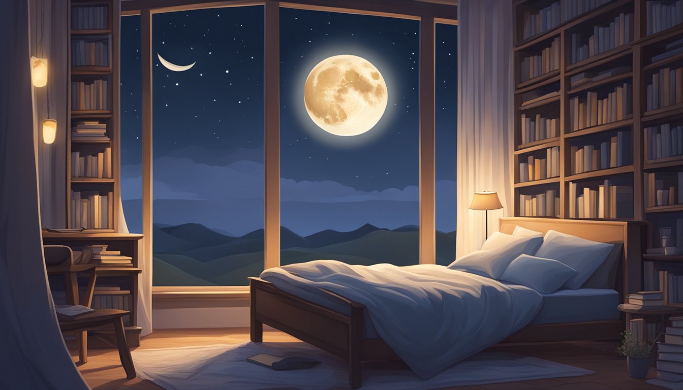 A serene night sky with a full moon casting a soft glow over a
peaceful landscape. A cozy bed with a person sleeping soundly,
surrounded by books and a faint aura of
knowledge