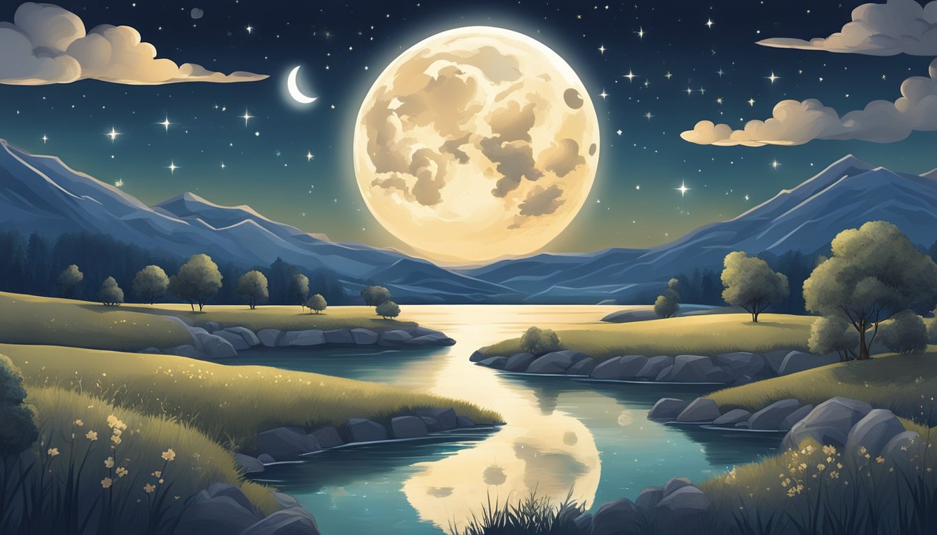 A peaceful night sky with a full moon shining down on a serene
landscape, with various symbols representing different types of memories
scattered throughout the
scene