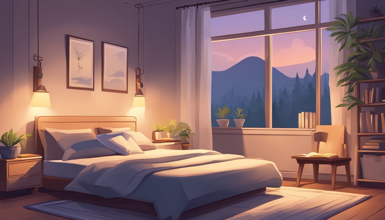 A serene bedroom with a cozy bed, dim lighting, and a book on the
nightstand. A clock shows late evening, and a peaceful atmosphere
promotes restful
sleep