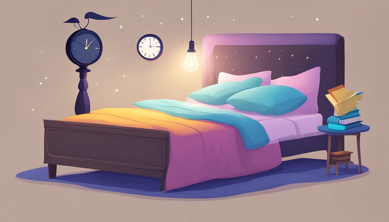 A cozy bed with a book and a dim lamp. A clock showing bedtime. A
brain with swirling
thoughts