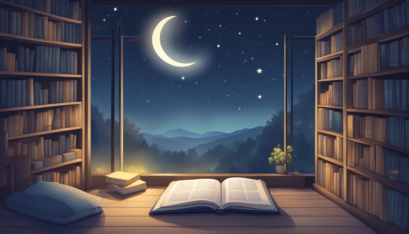 A serene night sky with a crescent moon shining down on a peaceful,
sleeping environment. Books and learning materials are scattered around,
symbolizing the connection between sleep and memory
retention