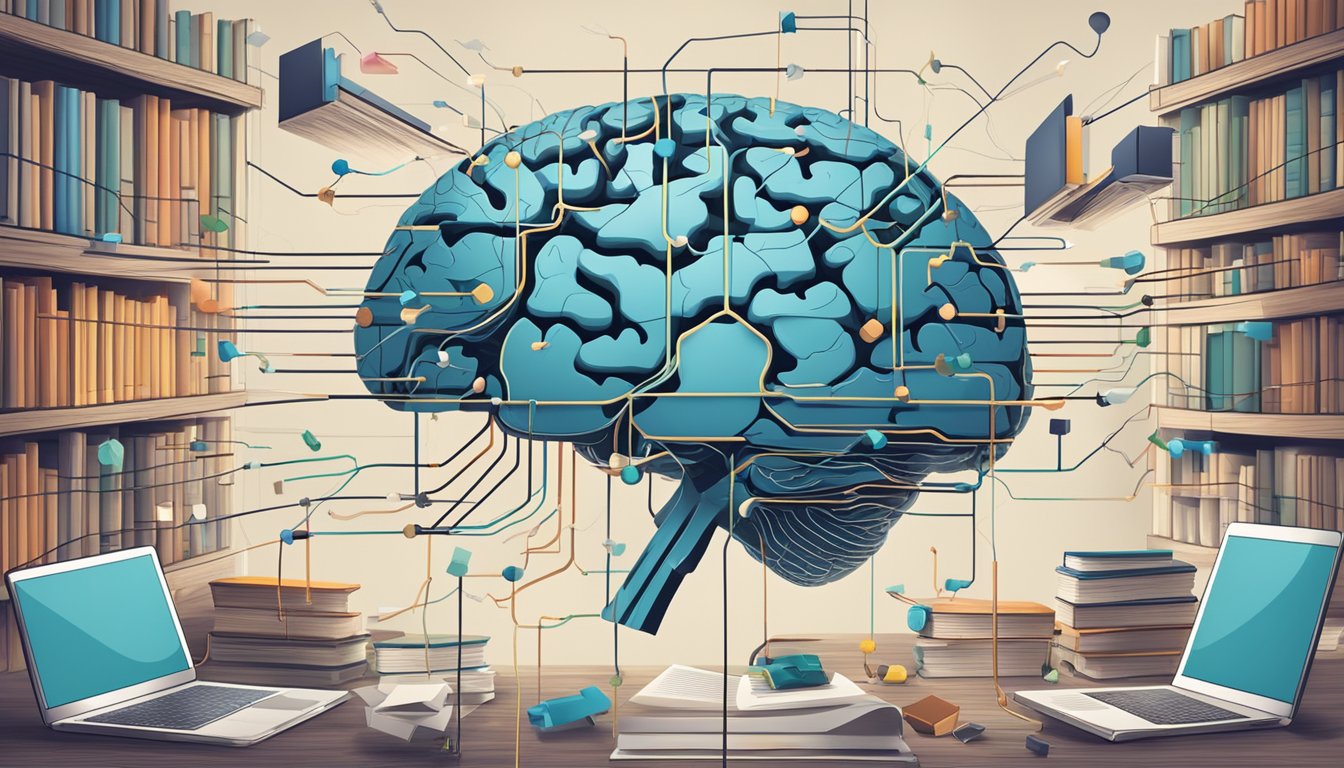 A brain surrounded by various stimuli, such as books, puzzles, and
technology, with arrows showing connections and pathways forming and
changing