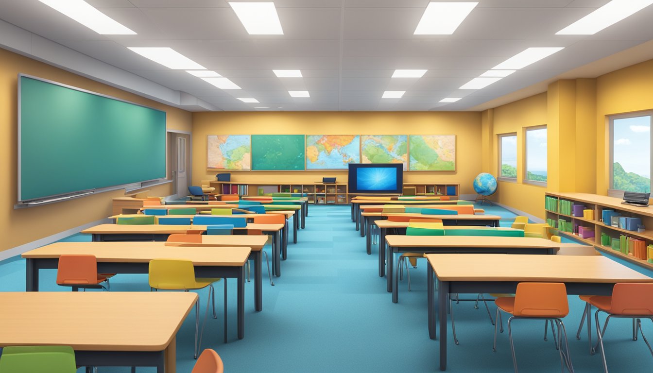 A bright, spacious classroom with colorful, interactive displays.
Comfortable seating and natural lighting create a welcoming atmosphere.
Technology and educational resources are readily available for students
to
access