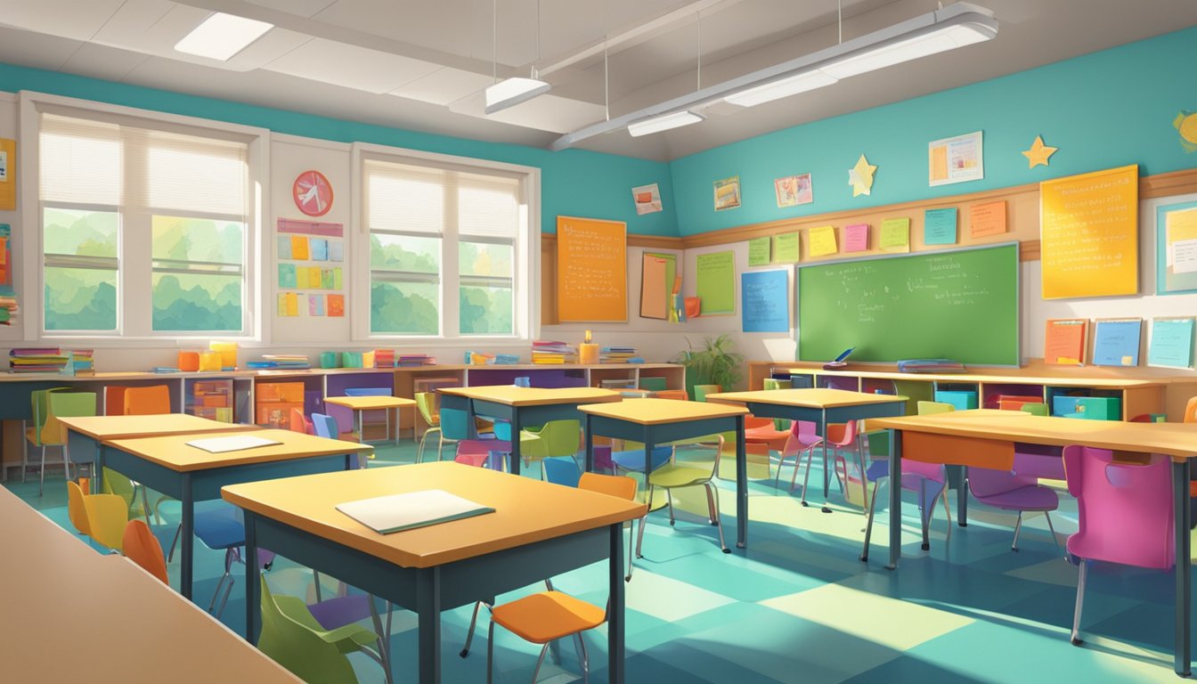 A classroom filled with vibrant colors, comfortable seating, and
organized learning materials. Inspirational quotes line the walls, and
natural light floods the space, creating a warm and inviting atmosphere
for
education