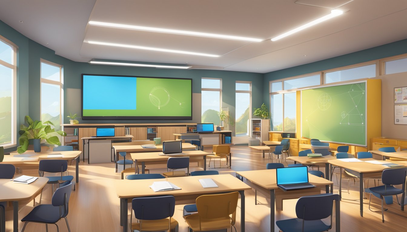 A modern classroom with interactive technology, natural lighting,
flexible furniture, and collaborative spaces. Digital tools and
resources seamlessly integrated into the physical
environment