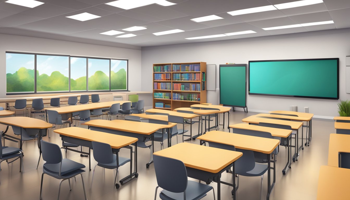 A classroom with modern technology, interactive whiteboards, tablets,
and laptops. Bright, natural lighting and comfortable seating. A variety
of educational materials and resources displayed
neatly