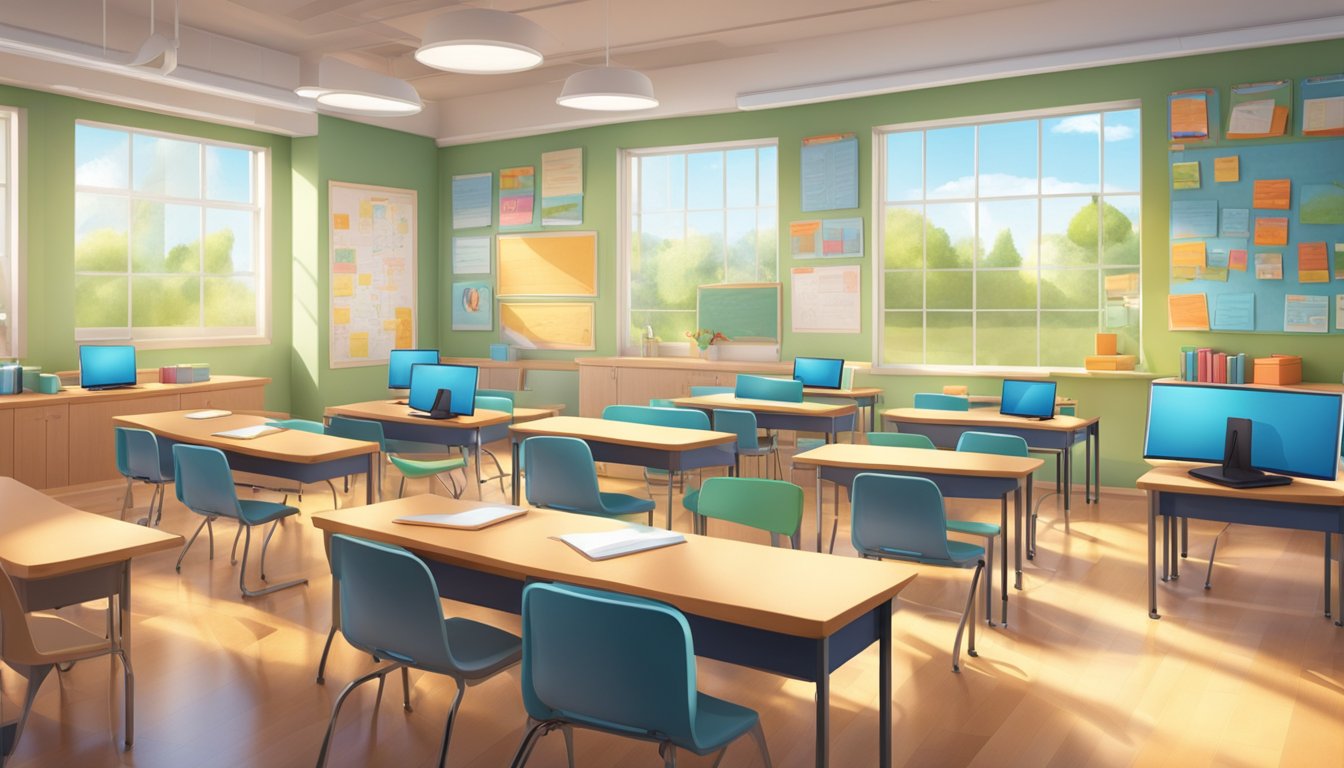 A classroom with bright, open spaces, interactive technology, and
comfortable seating. Natural light floods the room, and colorful
educational materials adorn the
walls