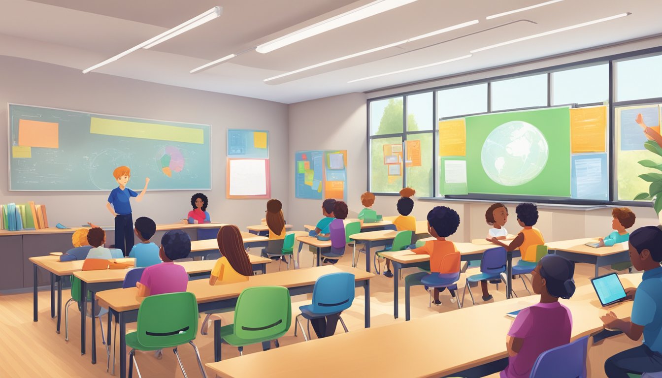 A vibrant classroom with interactive technology, comfortable seating,
natural lighting, and colorful educational materials. Students engaged
in group discussions and hands-on activities, supported by enthusiastic
teachers