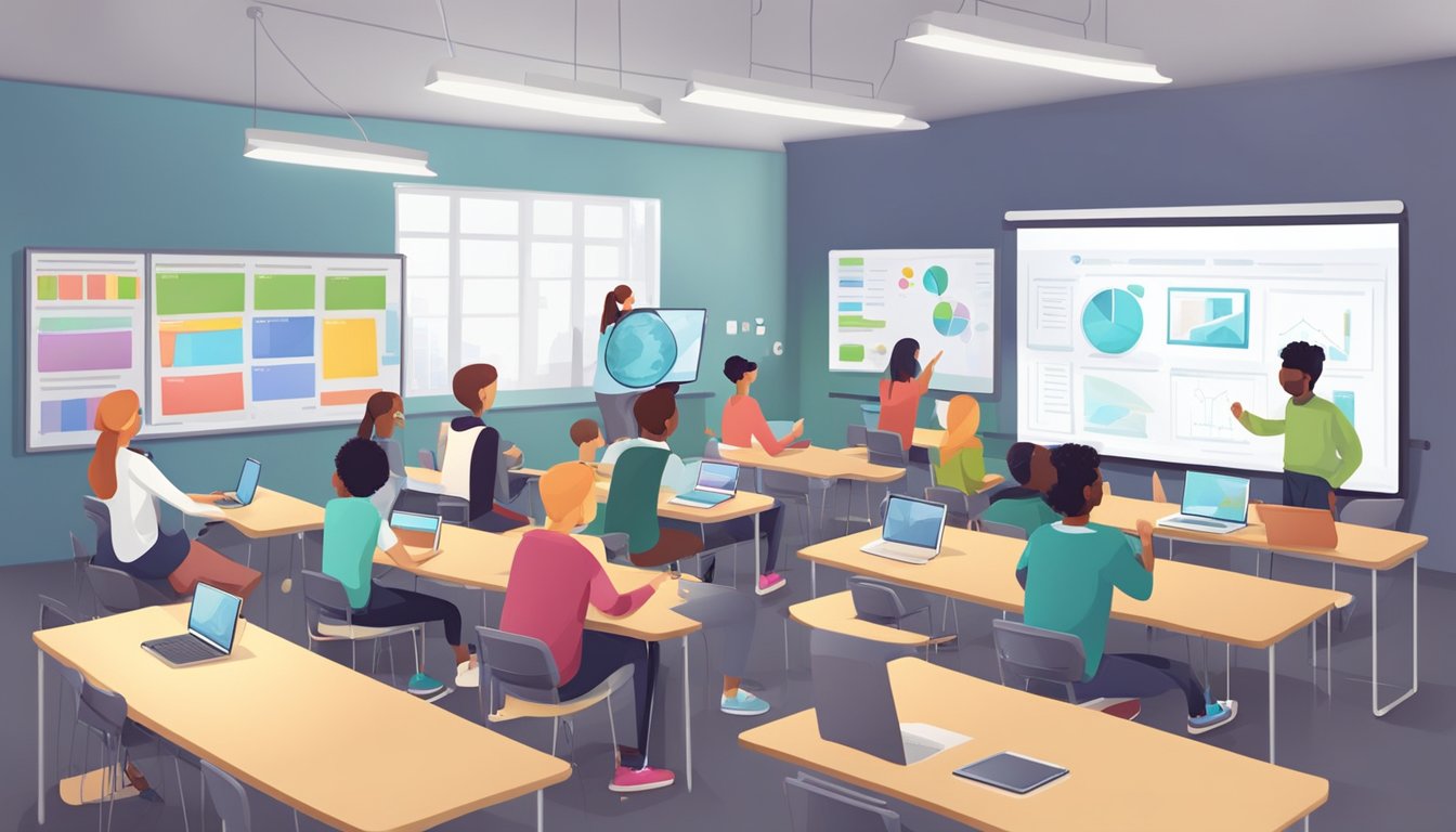 A classroom with interactive whiteboards, tablets, and laptops.
Students engaged in collaborative online projects. Digital resources and
educational apps readily
accessible