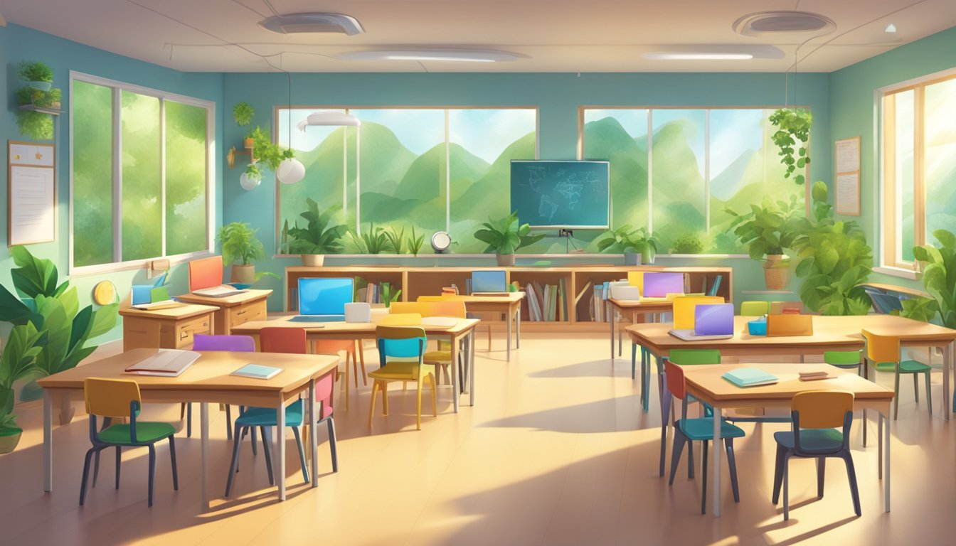 A bright, spacious classroom with colorful educational materials and
interactive technology, surrounded by greenery and natural
light