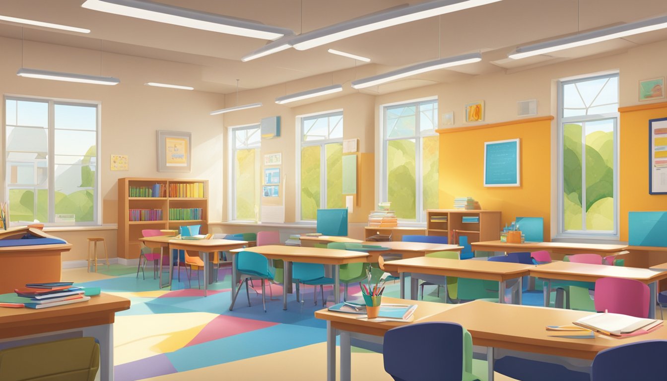 A classroom with a mix of traditional desks and cozy seating areas.
Bright, natural light floods the space, and colorful educational posters
adorn the walls. A variety of learning materials and technology are
readily available for students to
use