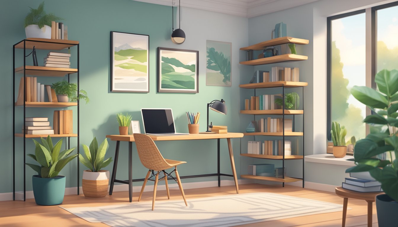 A cozy, well-lit study area with a comfortable chair, a desk with a
laptop and books, a plant for fresh air, and a motivational poster on
the
wall