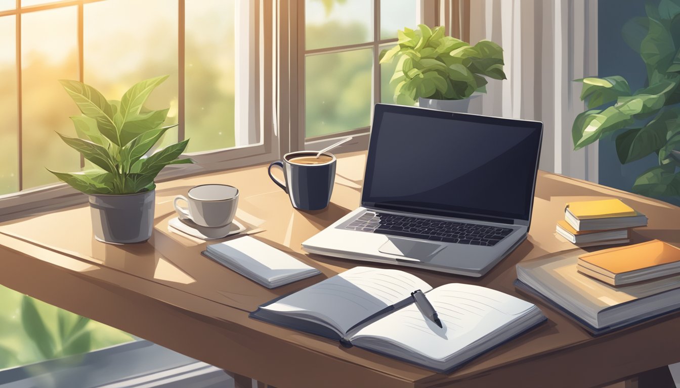 A desk with a laptop, notebook, and pen. A stack of books on writing.
A mug of coffee. A window with natural light. A plant in the
background
