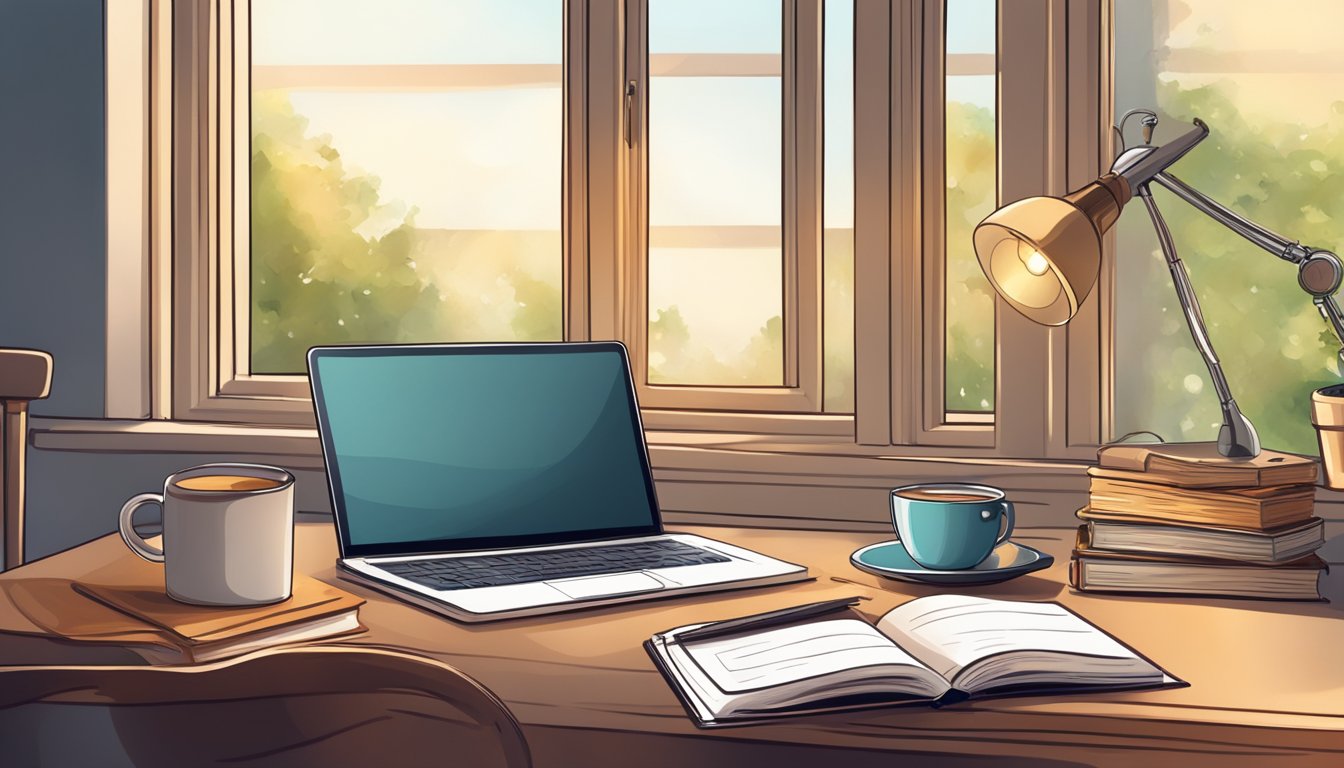 A desk with a laptop, notebook, and pen. A stack of books on writing.
A cozy reading nook with a lamp. A window with natural light. A cup of
coffee or
tea