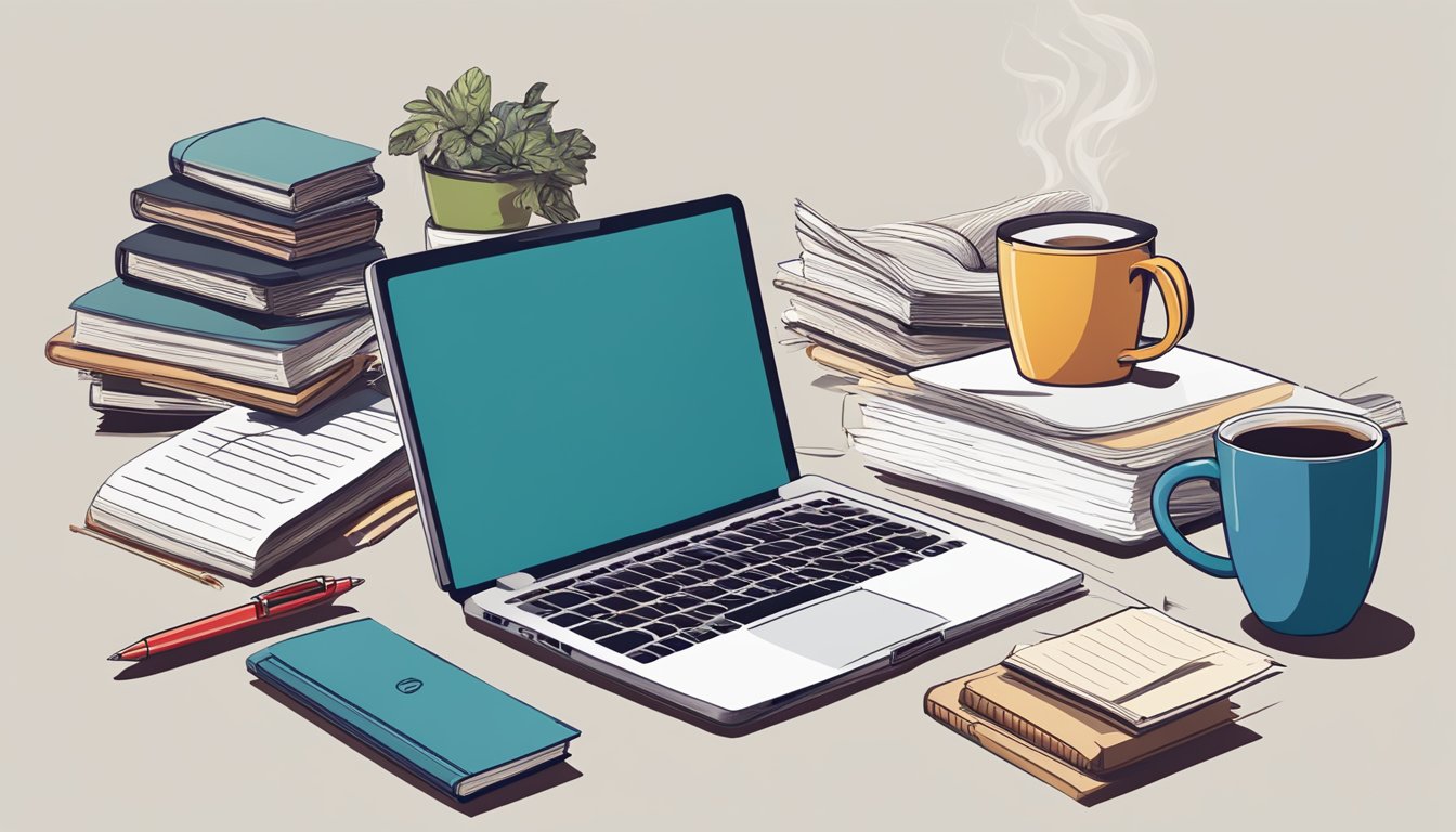A desk cluttered with papers and a laptop, with a red pen and notebook
nearby. A stack of books on writing sits next to a steaming cup of
coffee